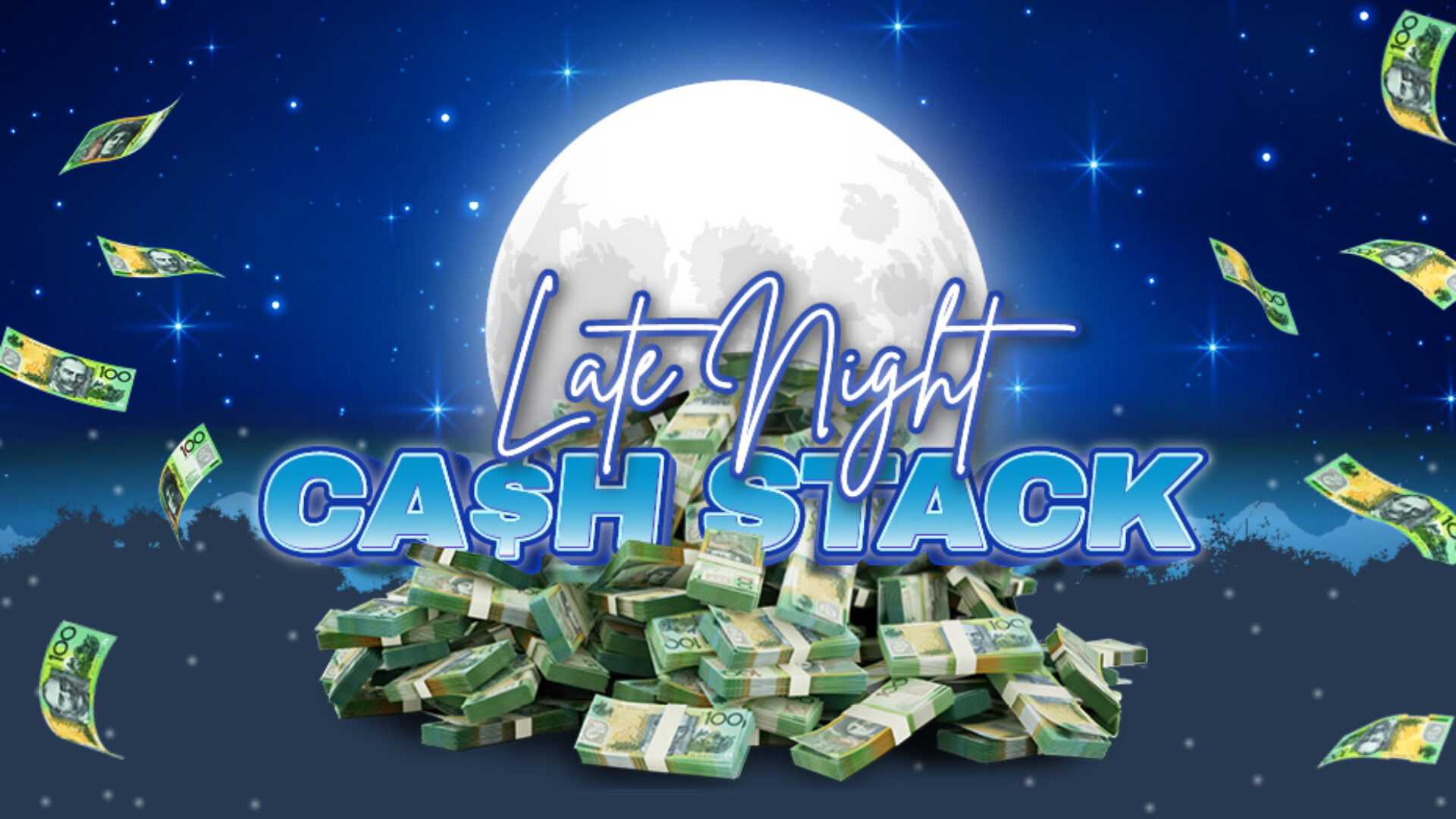Moonlit night scene with cash stacks and glowing text.