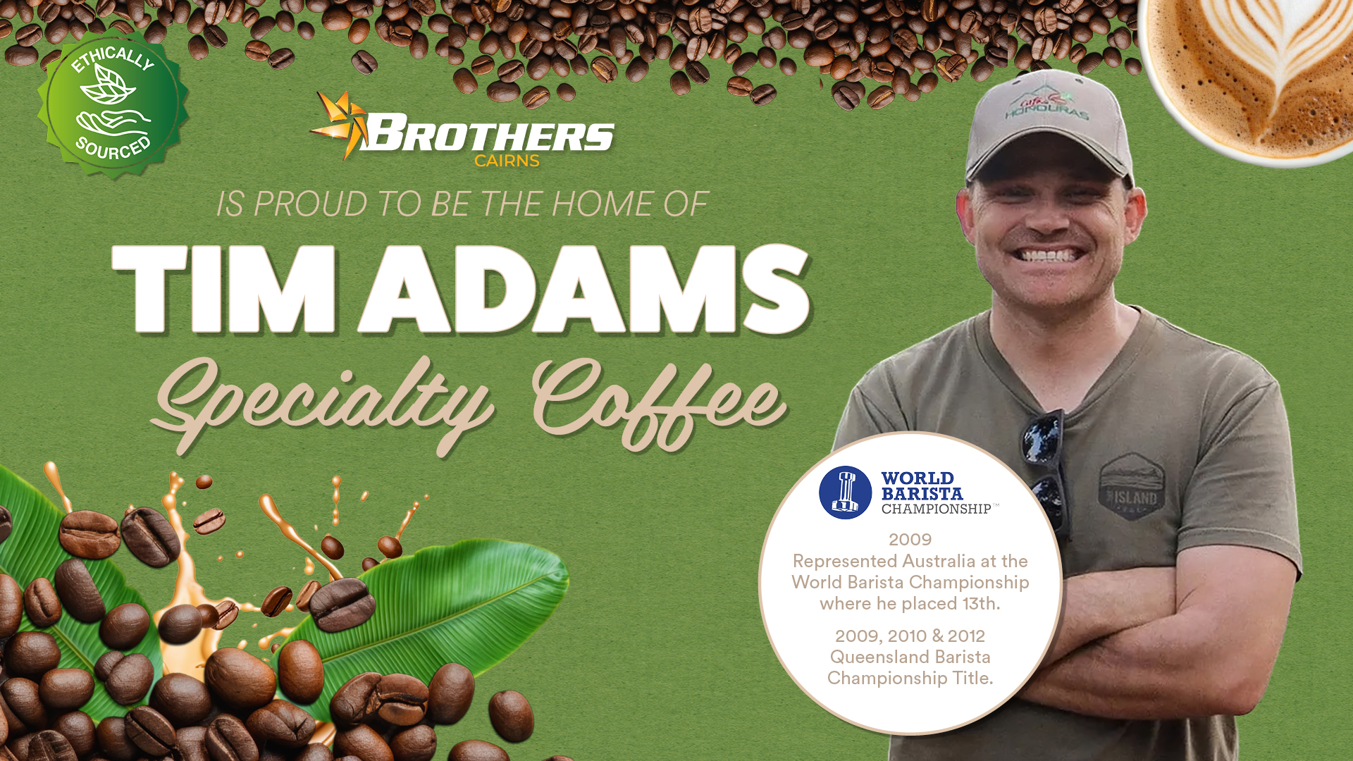 Coffee beans, leaves and portrait of Time Adams on green background