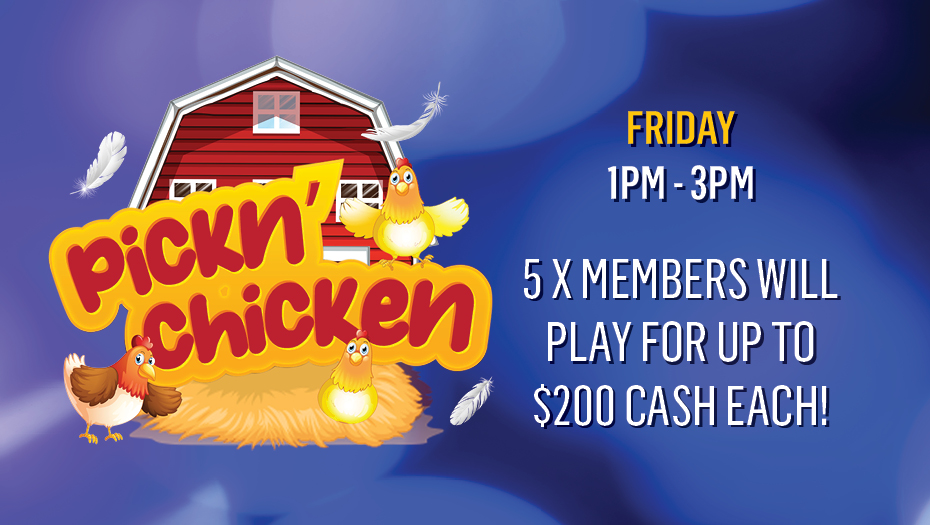 Cartoon chickens on dark blue background with barn in background and bold yellow text.