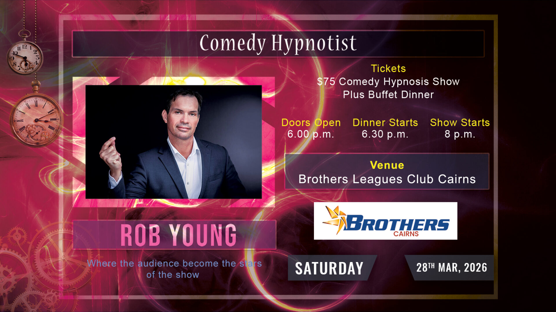 Male comedian portrait snapping fingers in dark stage lighting with pocket watches and light leaks in background.