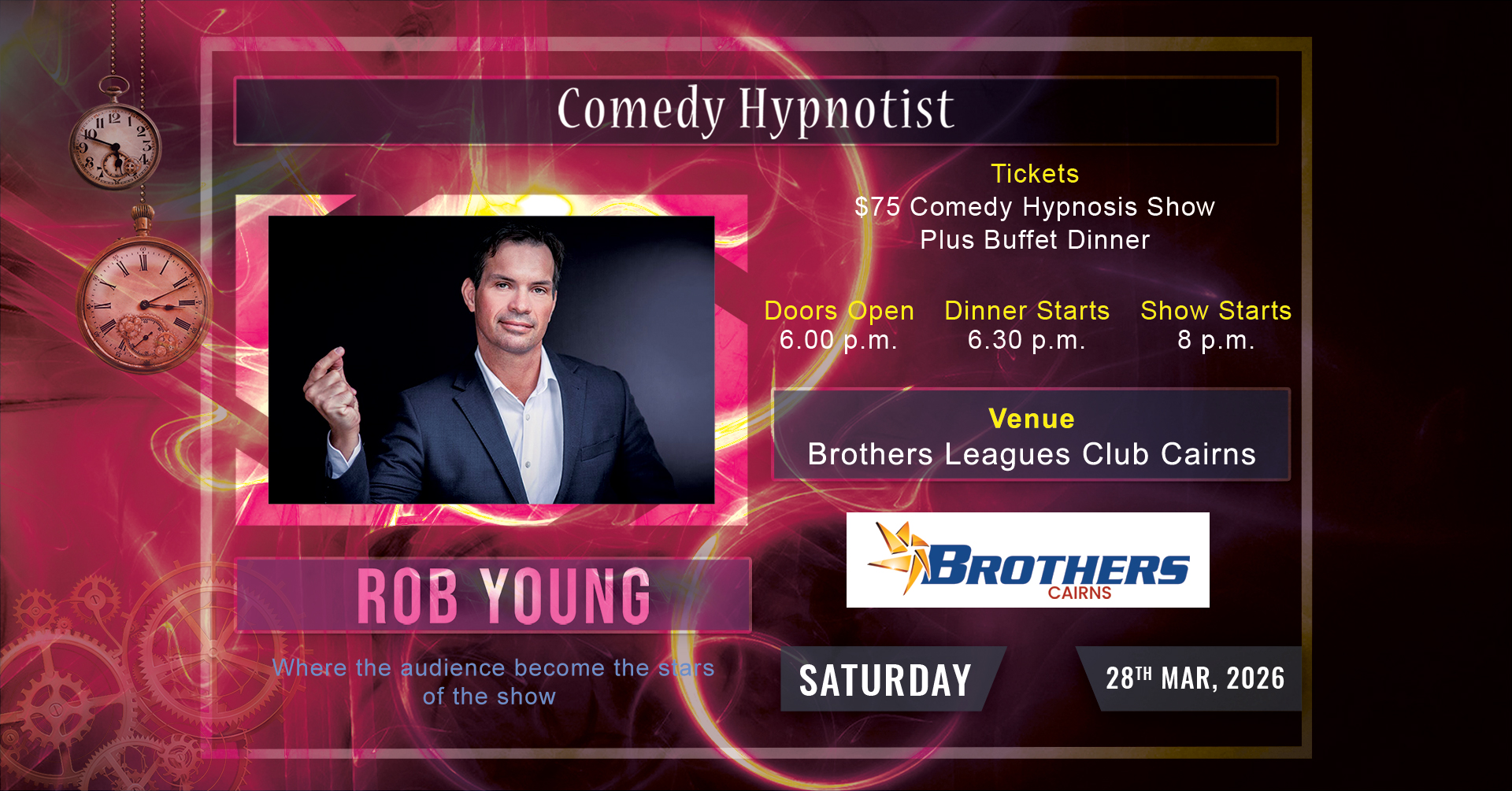 Male comedian portrait snapping fingers in dark stage lighting with pocket watches and light leaks in background.