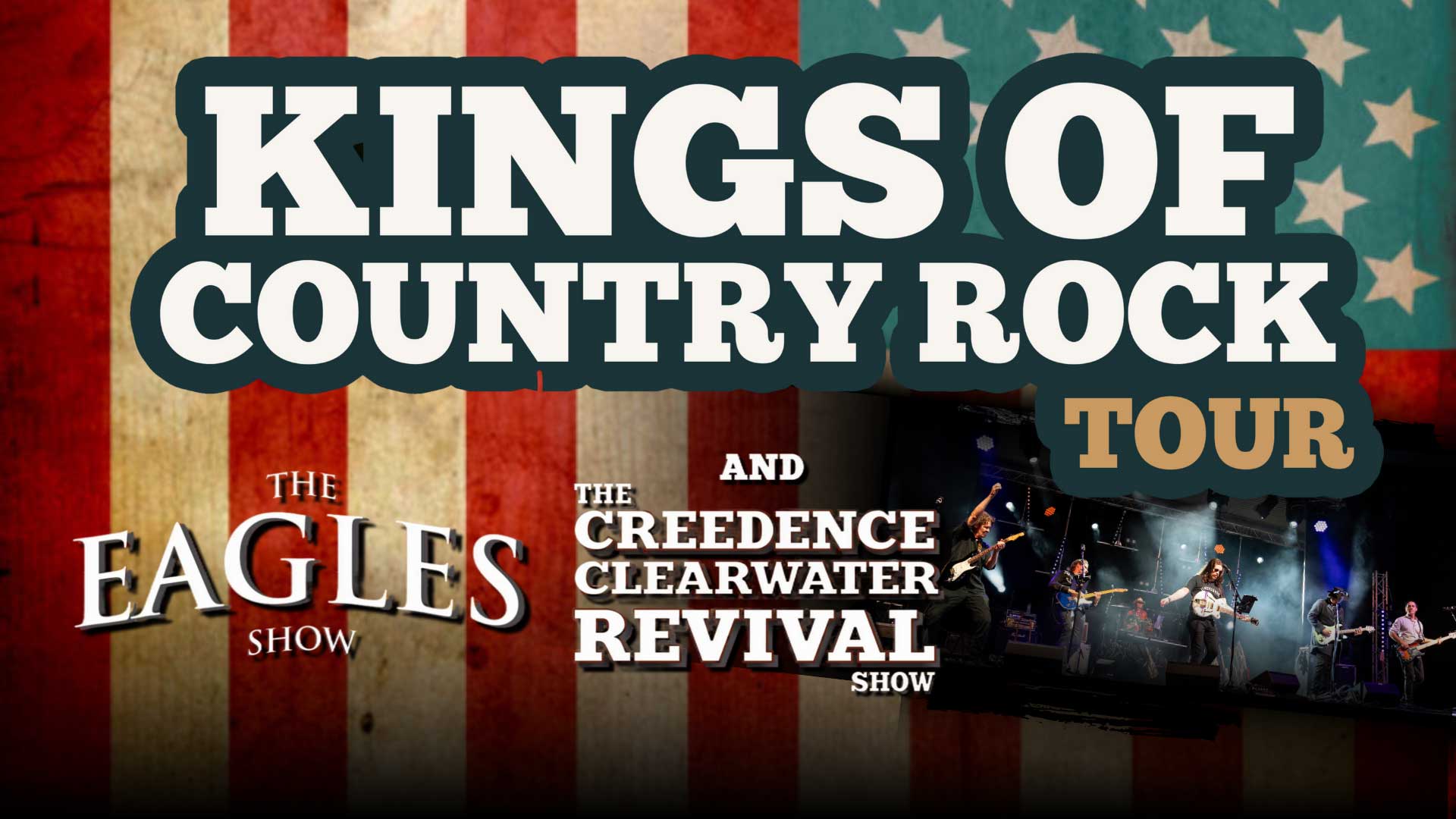 Rustic American flag background with bold country rock text. Band image layered on top.