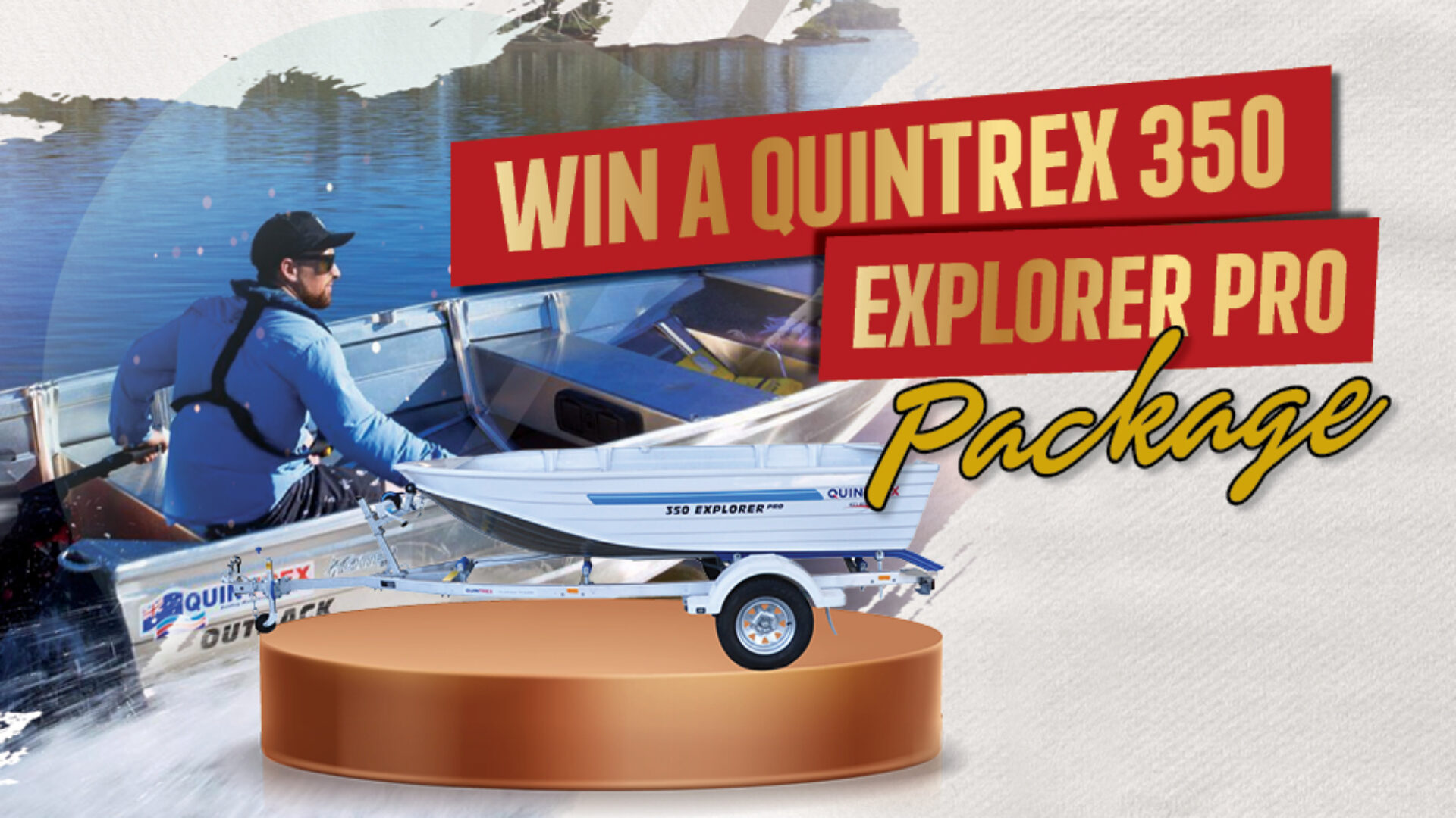Small aluminium fishing boat displayed on a pedestal with prize text.